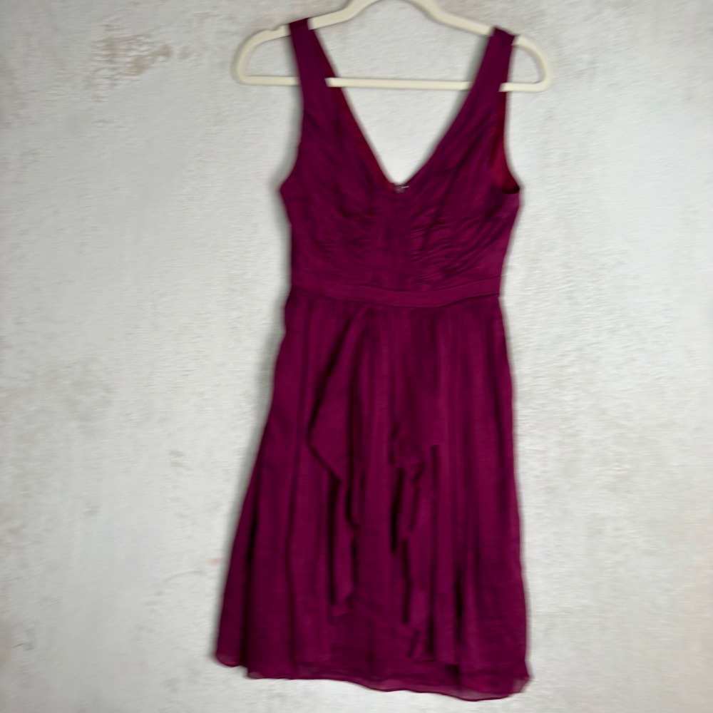 Quillaree Berry Magenta Linen Silk Ruched Ruffle V-Neck Dress 0